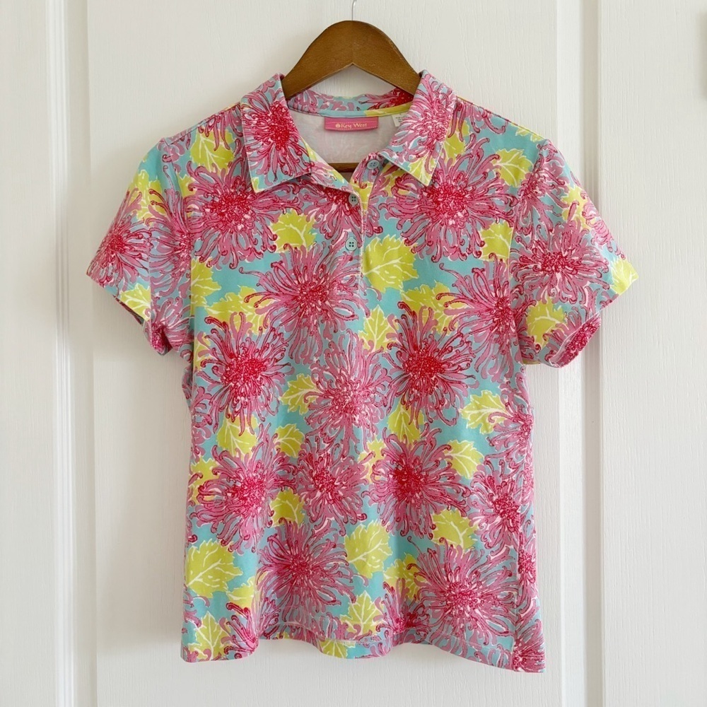 Key West Vintage Spider Mum Floral Print Polo Shirt Large Resortwear